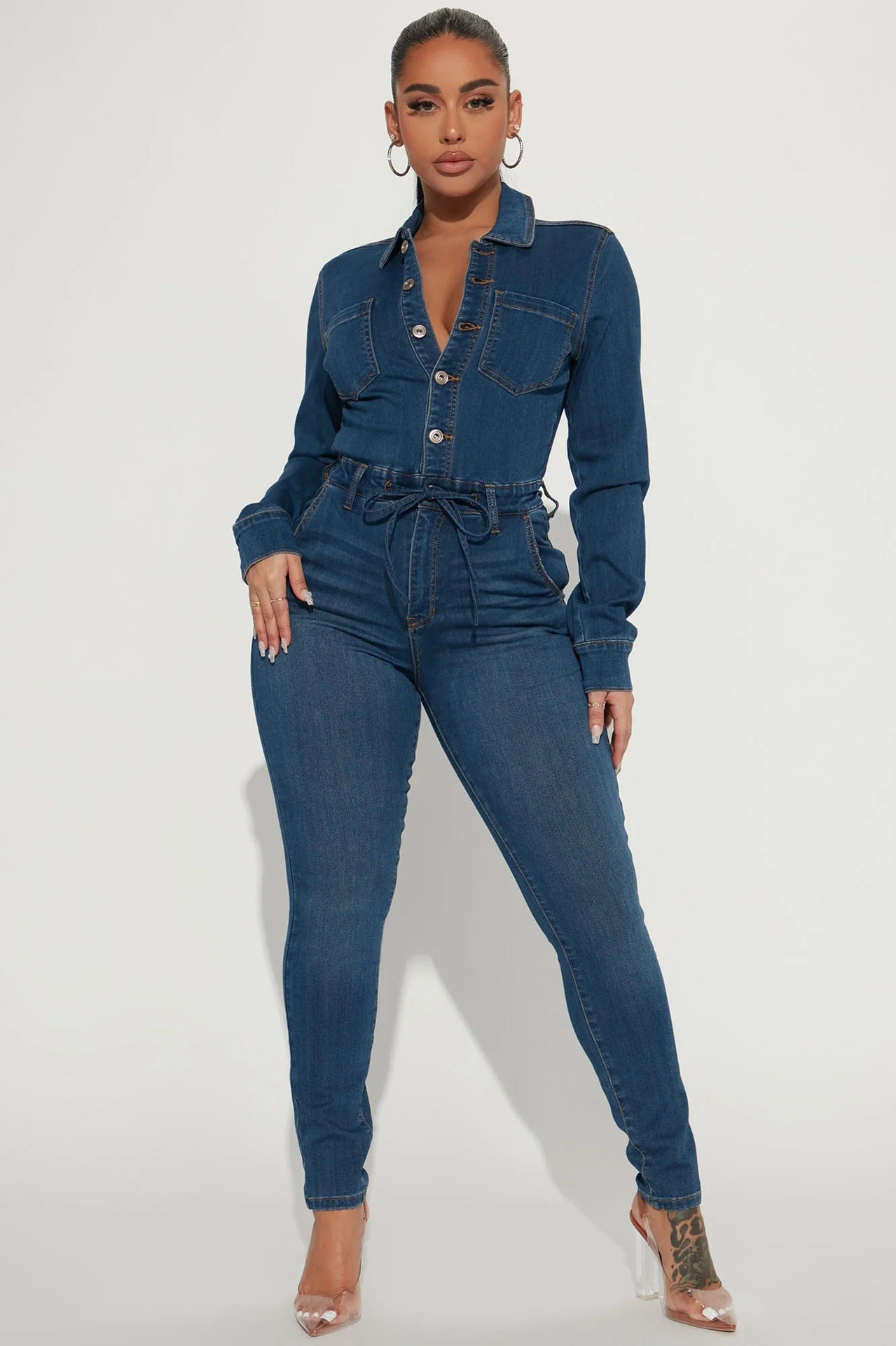 Sexy Fashion Long Sleeve High Stretch Denim Jumpsuit 3