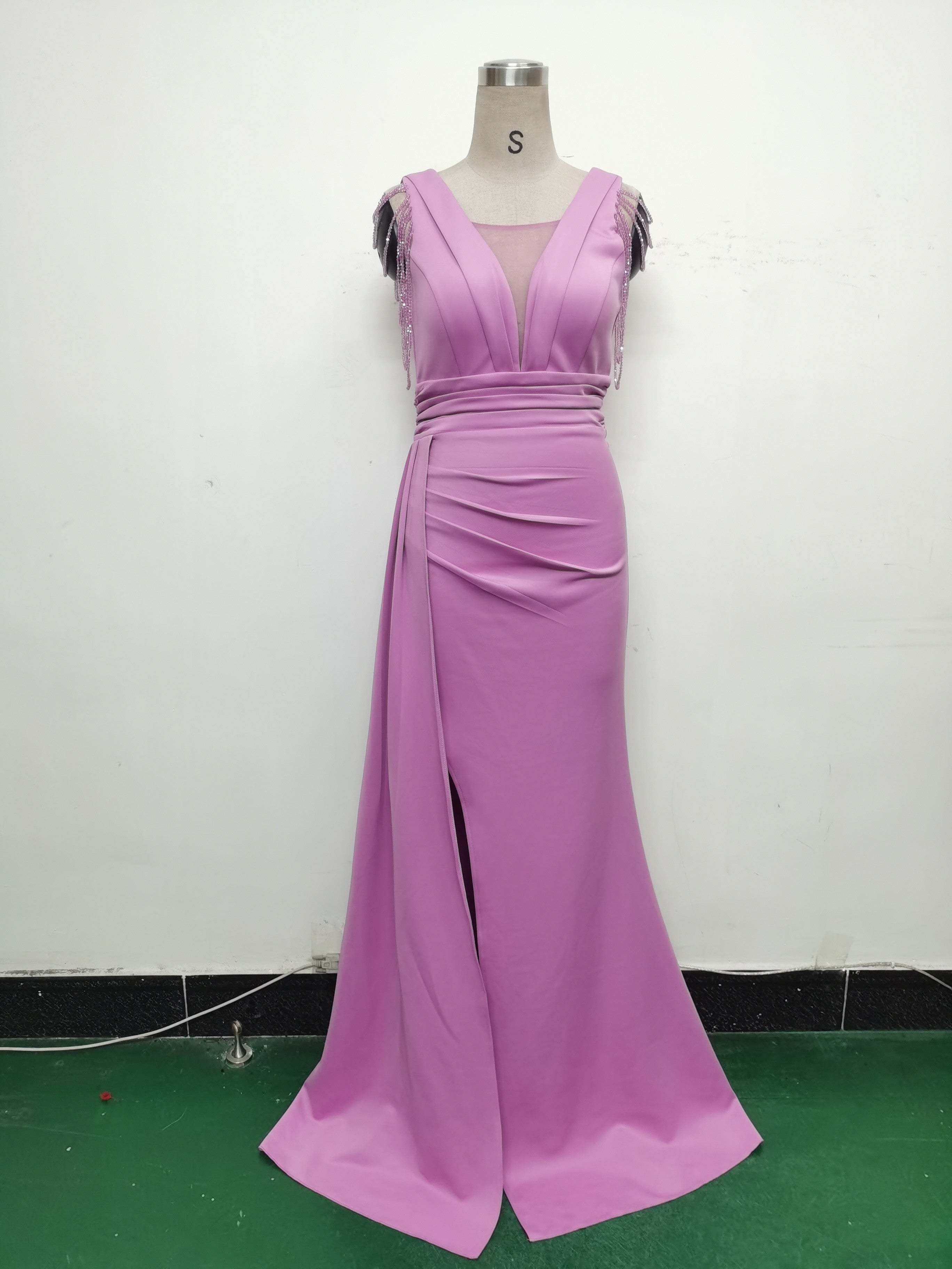 Women Satin Pleated Beaded Evening Dress 25