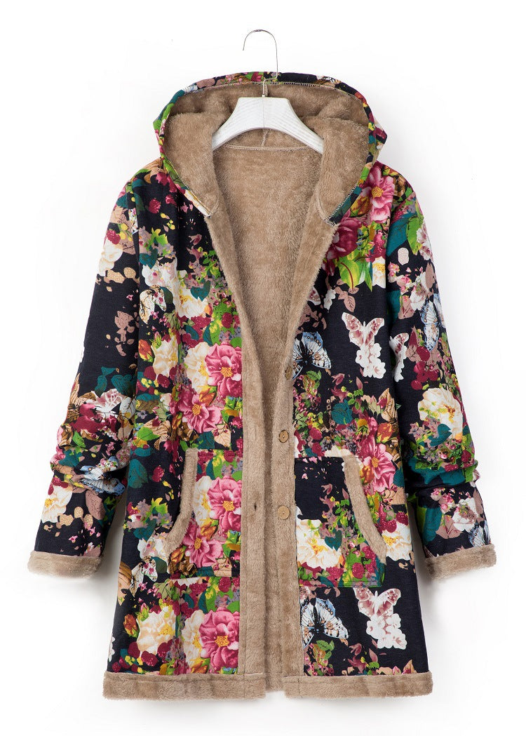 Winter Women's Printed Fleece Hooded Warm Jacket 6