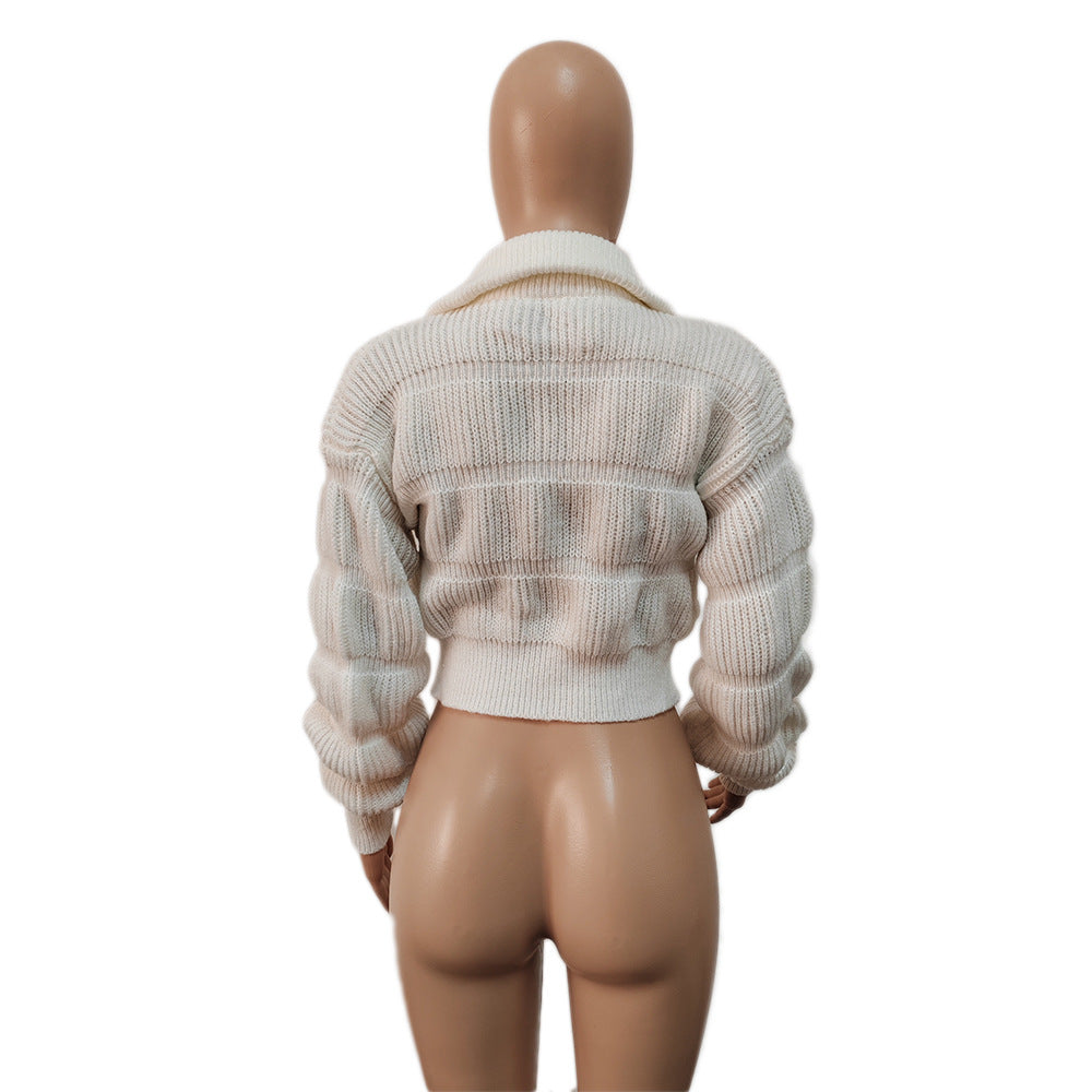 Women loose lantern sleeves Ribbed cuffs zipper sweater 15