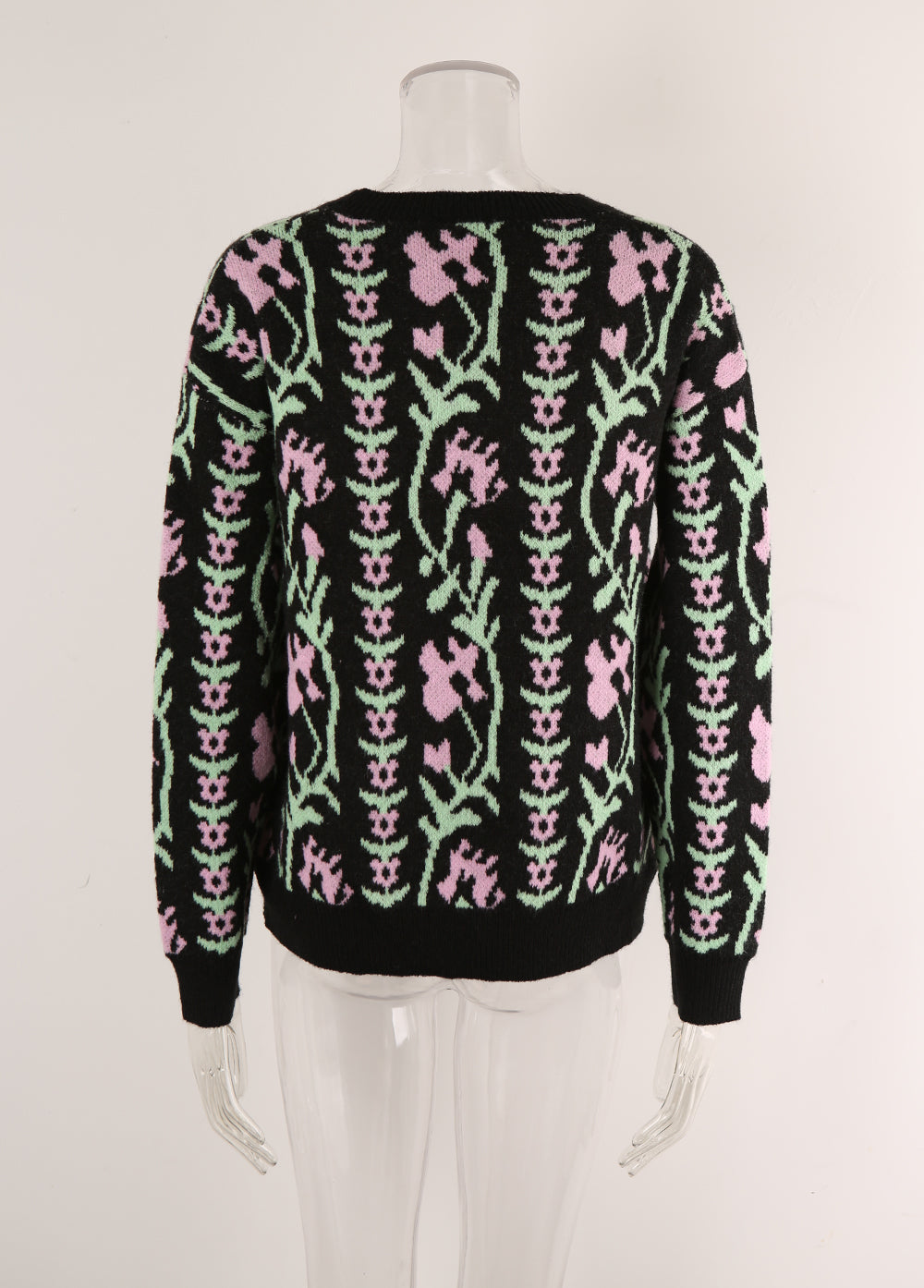 Women Jacquard Branch Round Neck Floral Sweater 6