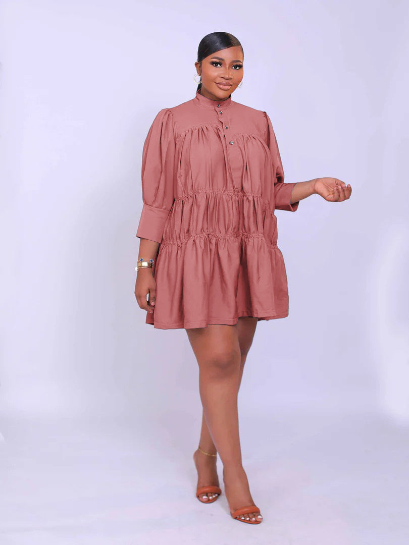 High Collar Solid Color Simple Loose Casual Women's Dress 4