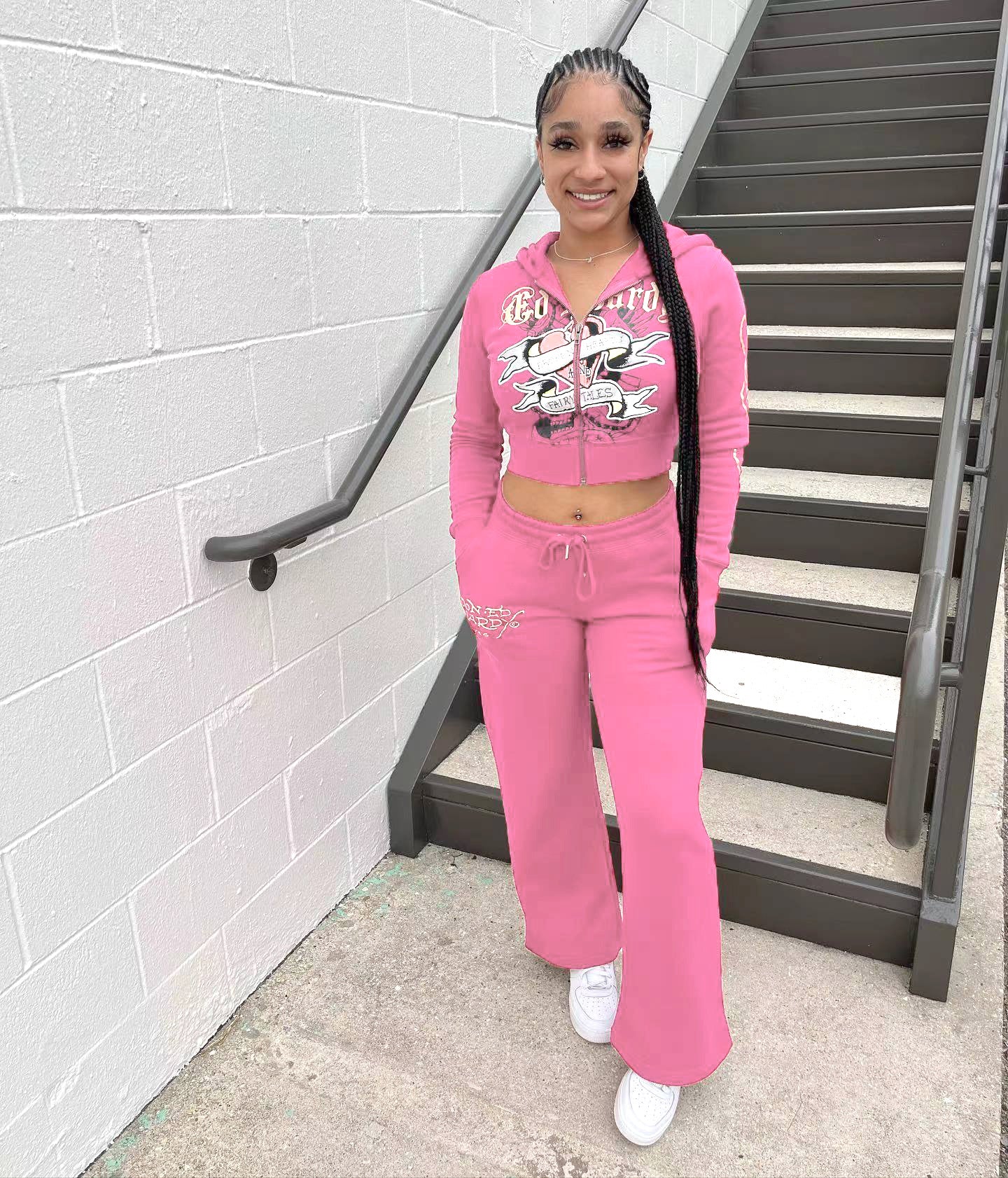 Fashionable street printed zipper short hoodies high waist straight trousers two piece set 14