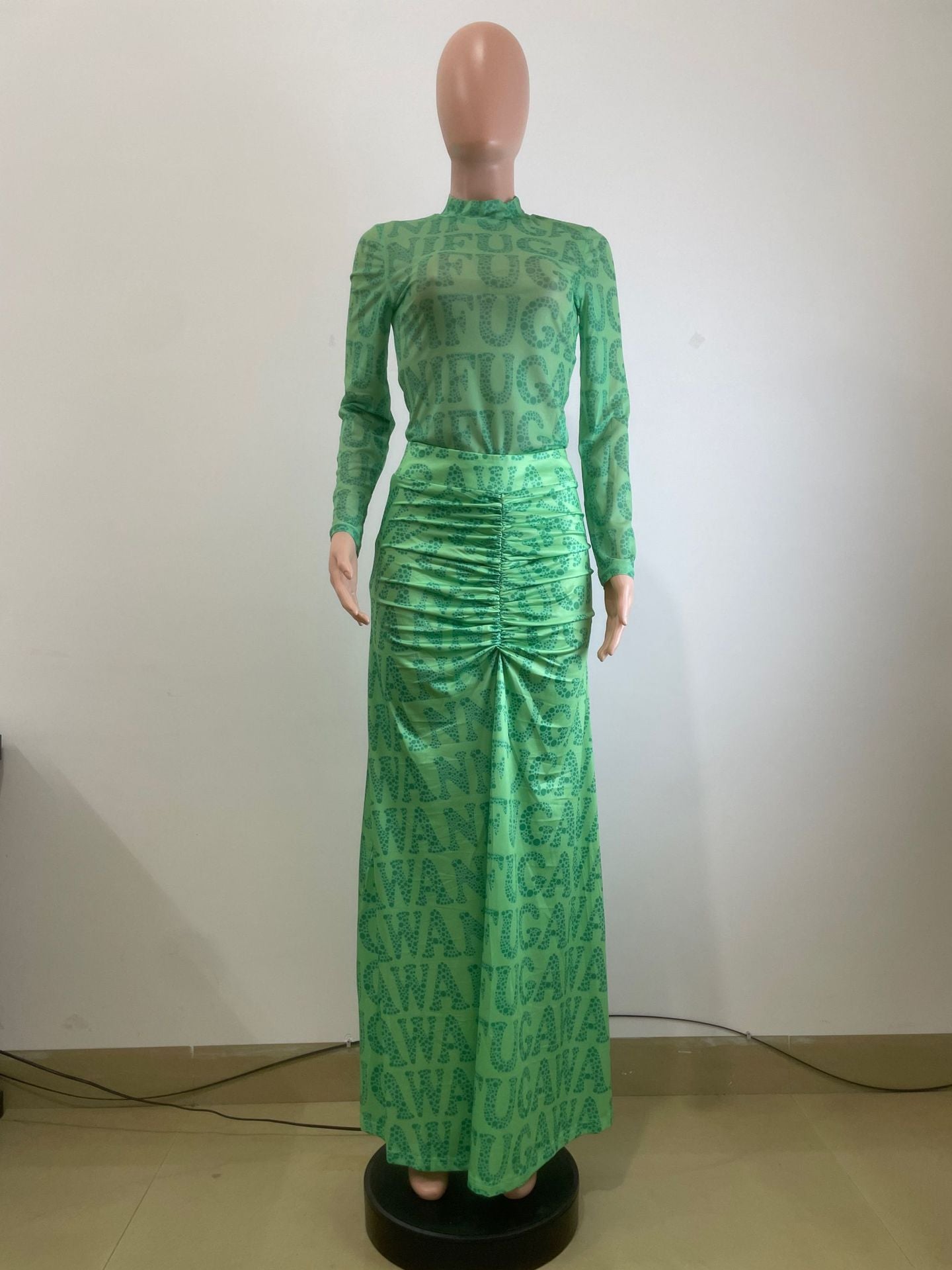 Women Fall/Winter Mesh Top And Long Skirt Two Piece Set 10