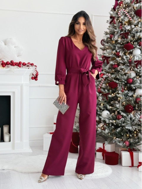 Women Solid V-Neck Lace Wide Leg Jumpsuit 3