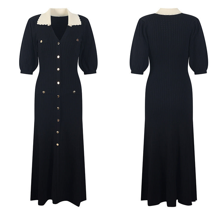 Fashion V-Neck Puff Sleeve Slit Long Sweater Dress Single-Breasted Chic Slim Waist Knitting Dress 3