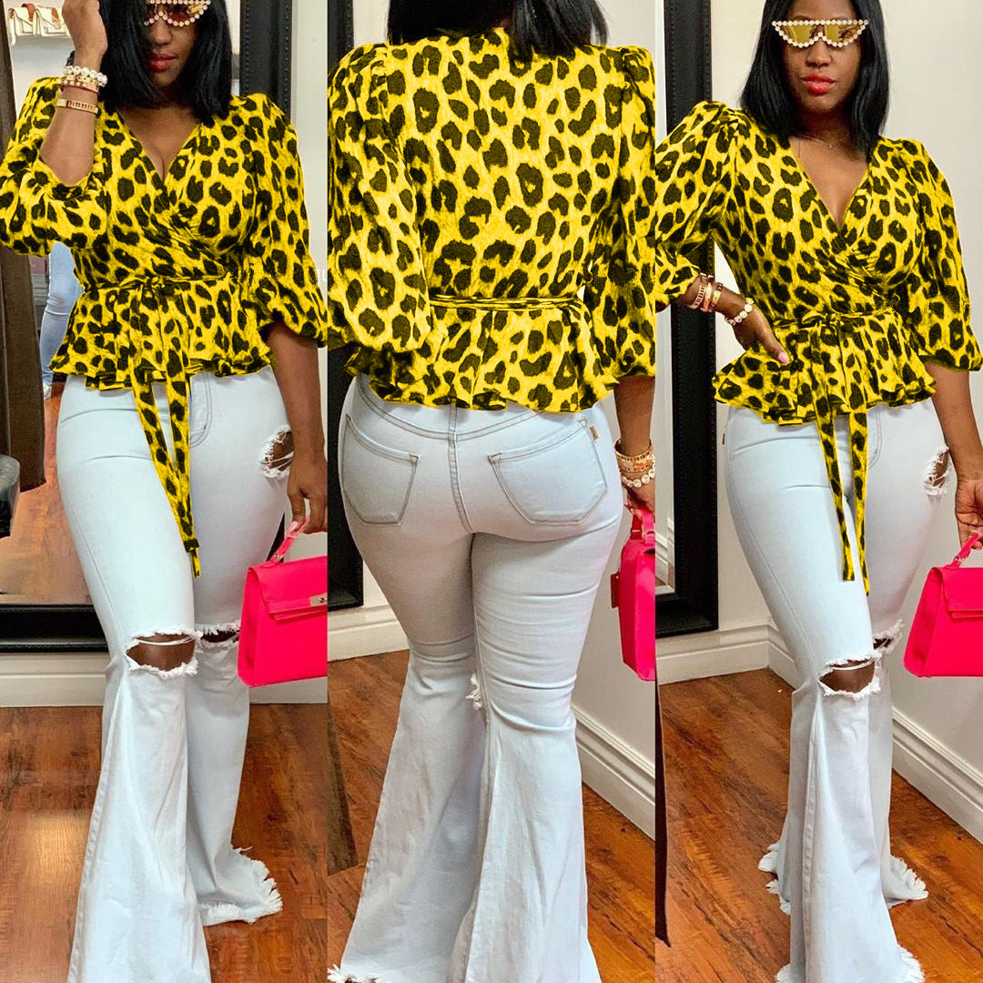 Women Casual Leopard V-neck Lace-Up Top 4