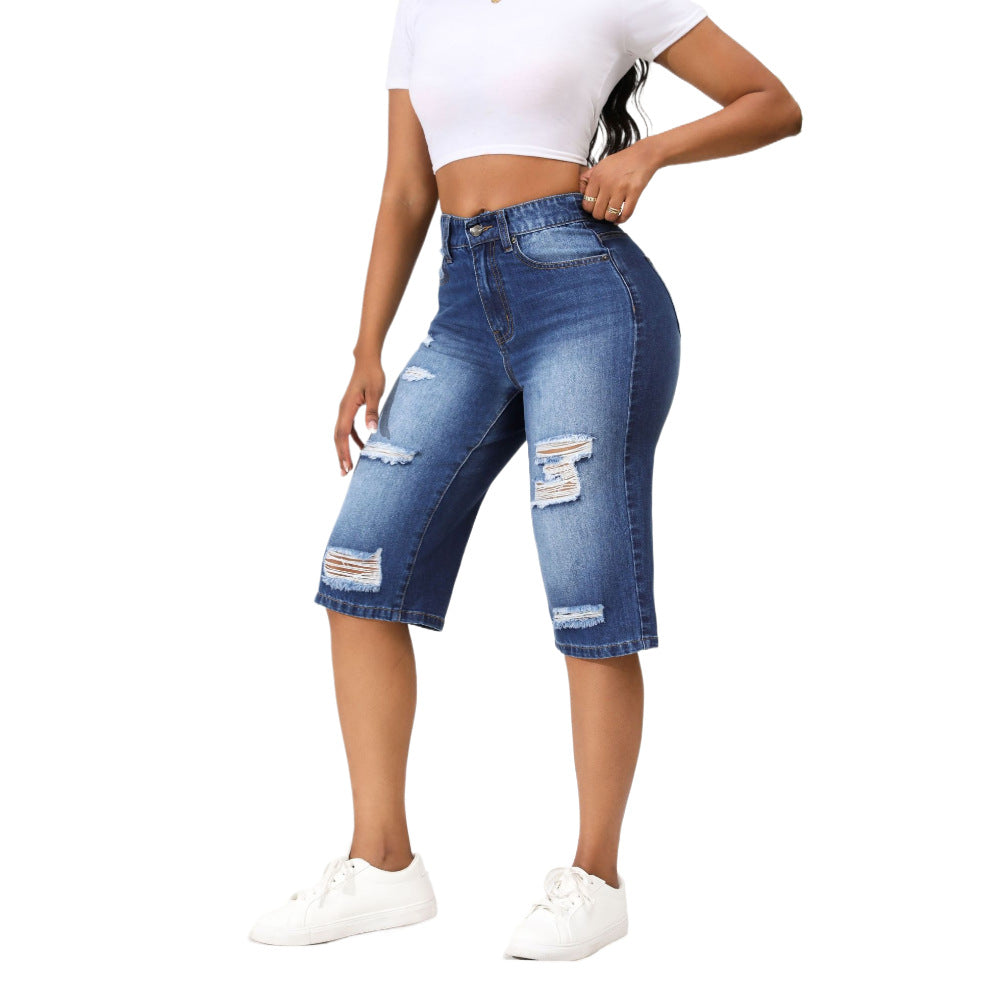 Summer Ripped Denim Pants Women's Three-Point Straight Leg Loose Trendy Midi Jeans 4