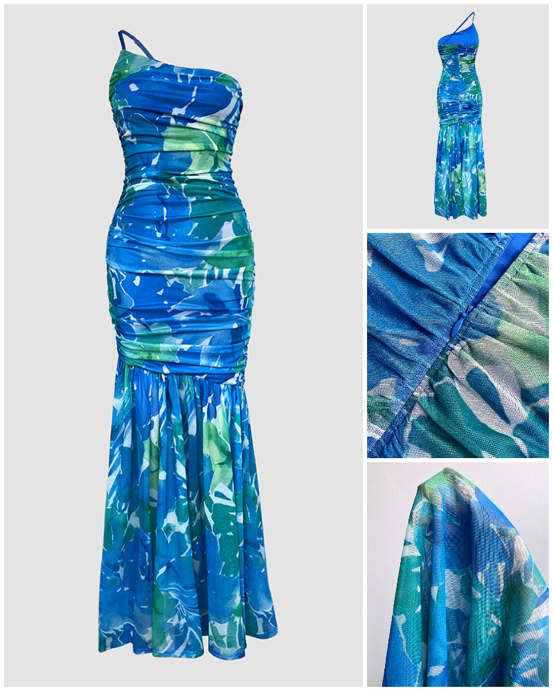 Summer Blue Contrast Floral One-shoulder Pleated Fishtail Dress 5