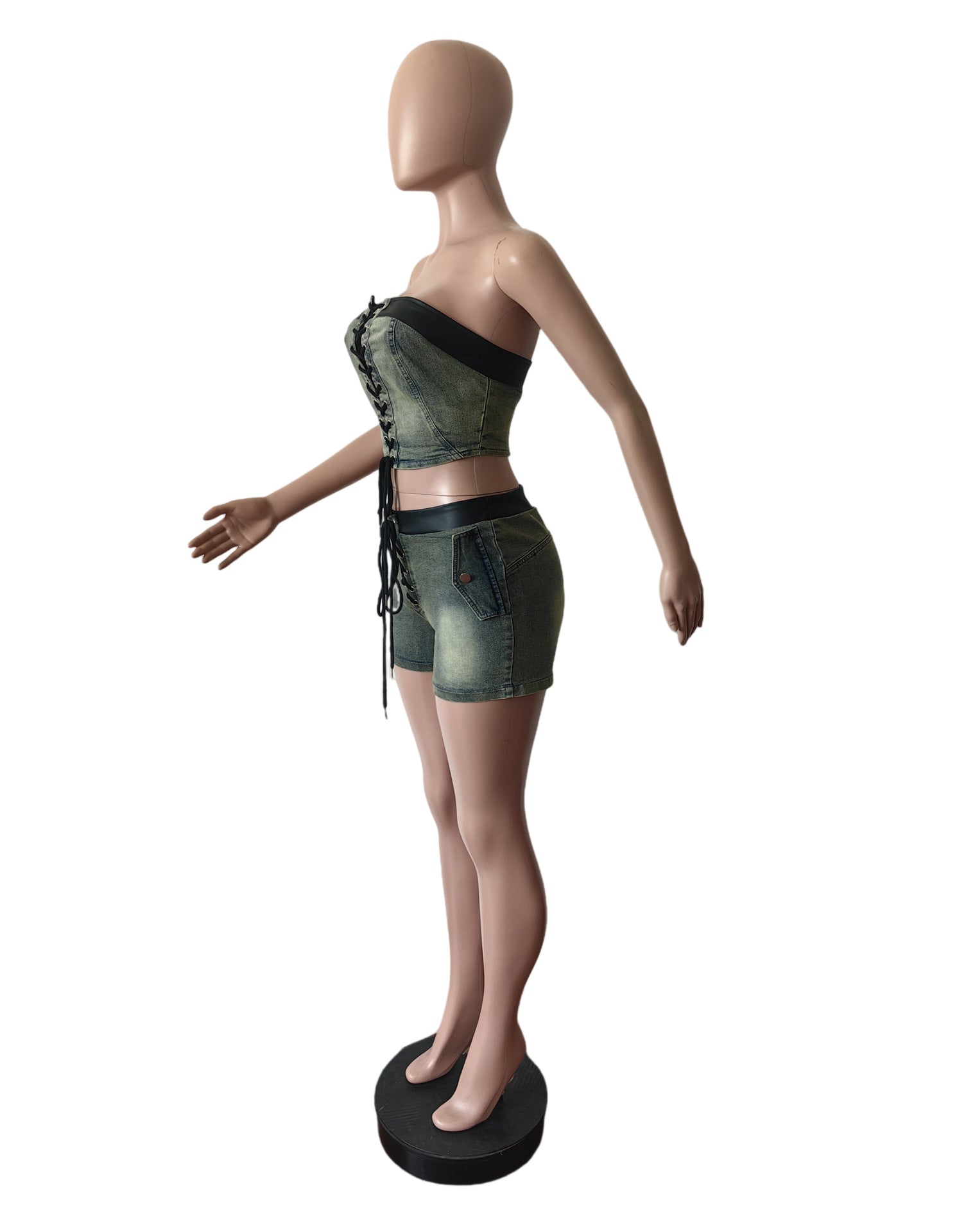 Women Stretch Denim Strapless Lace-Up Top and Shorts Two-piece Set 11