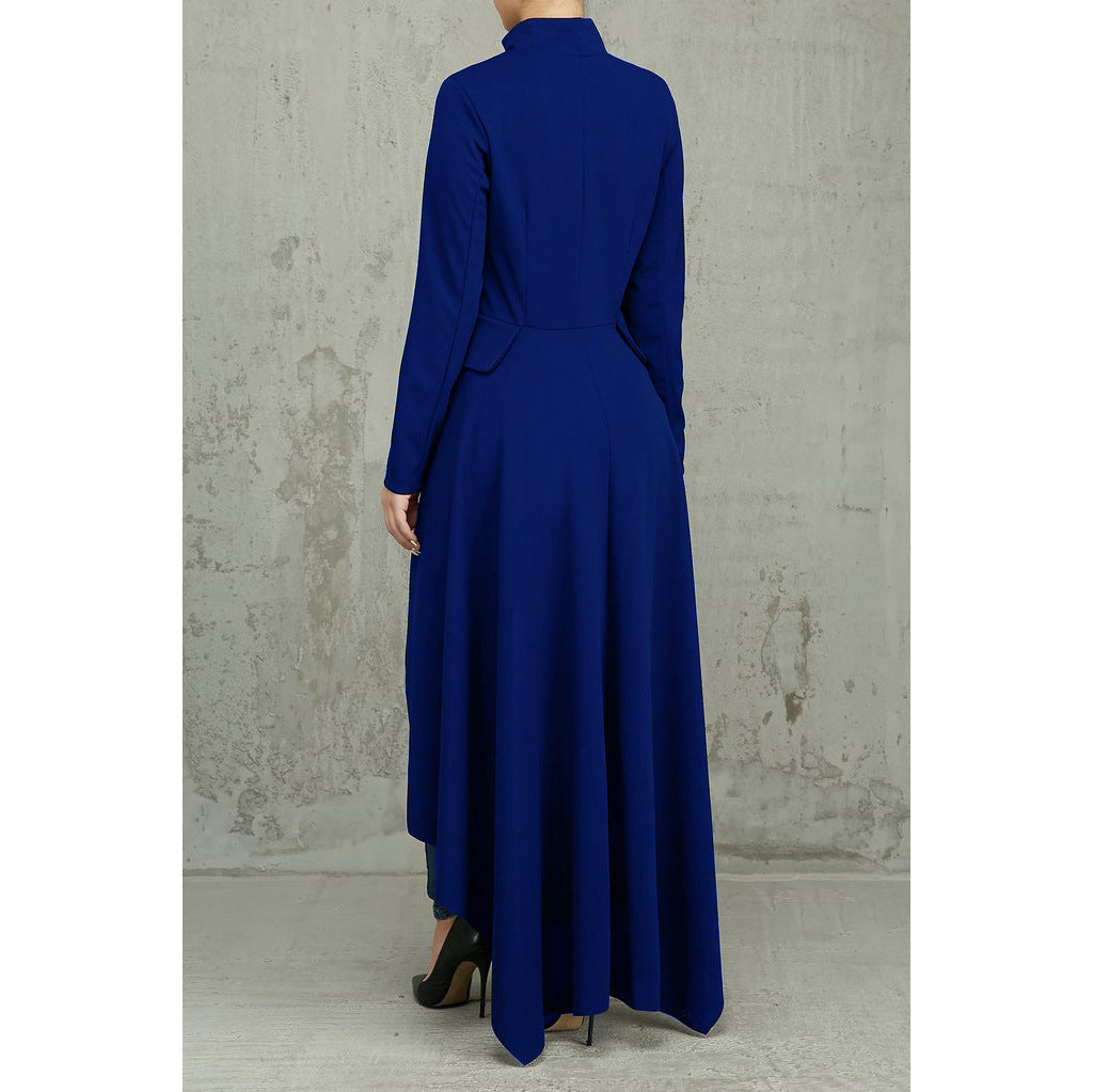 Spring Long-Sleeved High-Neck Slim Zipper Irregular Long Dress 47