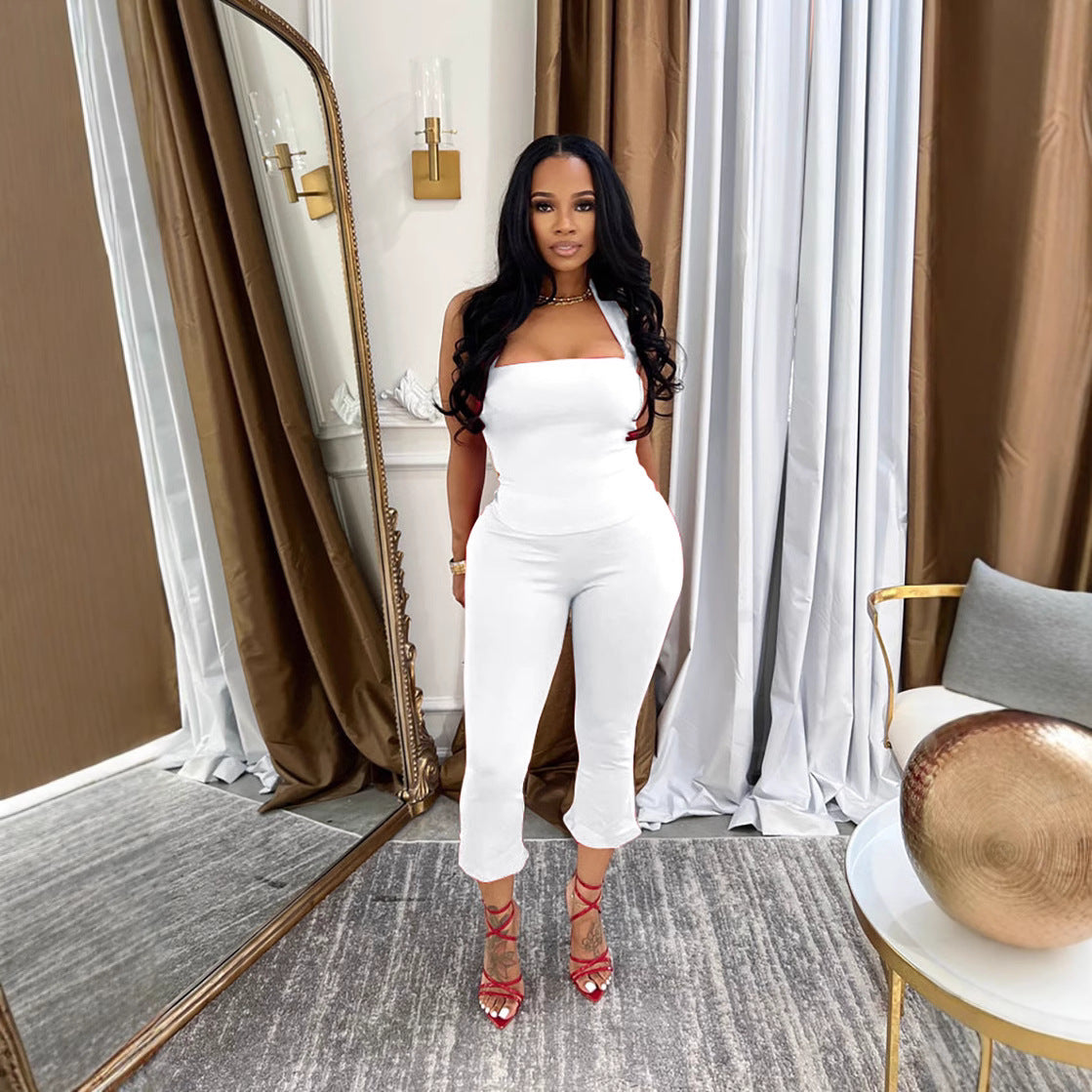 Women Spring Backless Halter Neck Sleeveless Vest and Pants Two Piece Set 3