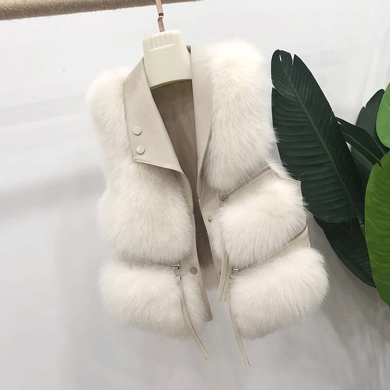 Autumn Winter Fox Fur Vest Turndown Collar Zipper Short Patchwork Faux Fur Fashion Sleeveless Coat 6