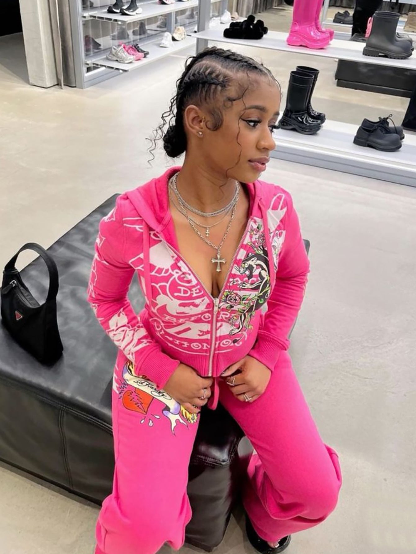 Women Printed Zipper Top and High Waist Straight Pants Two-piece Set 4