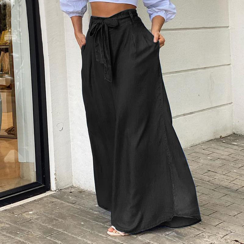 Plus Size Women Casual Denim Strappy High Waisted Wide Leg Pants 3