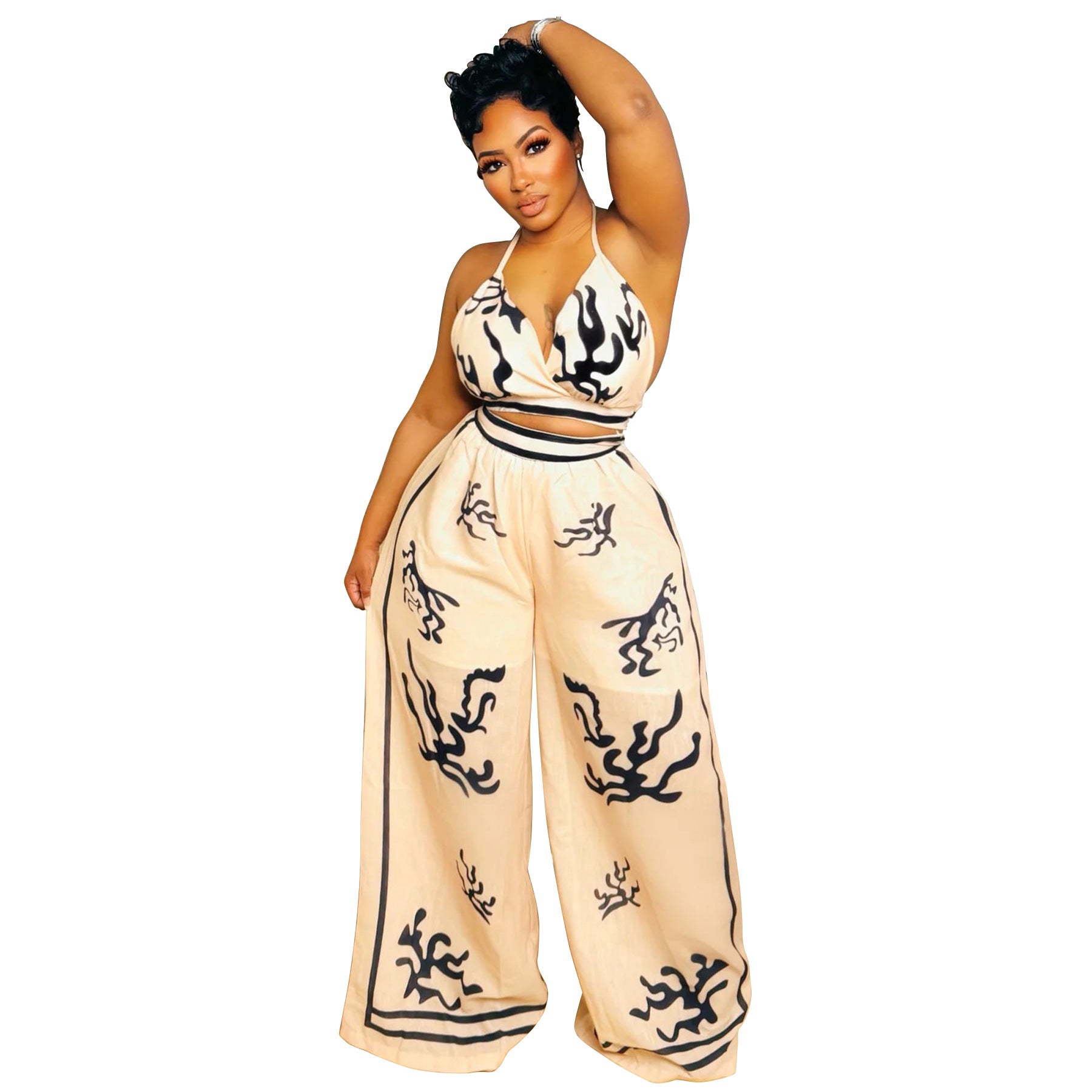 Summer Sexy Print Halter V Neck Vest Wide Leg Pants Two Piece Set 25