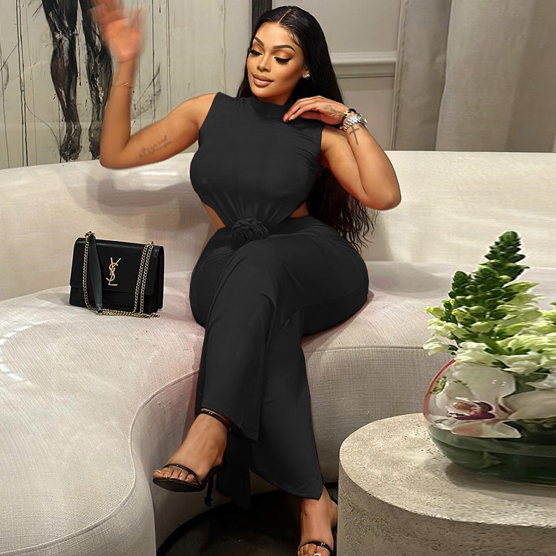 Women's fashion solid color dress sexy Round Neck sleeveless Open Waist Low Back slim long dress 5