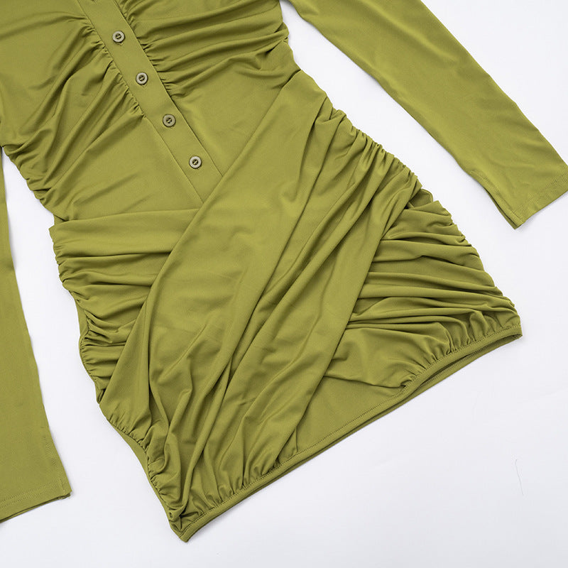 Women's Turn-Down Collar Button Long Sleeve Bodycon Short Dress 23