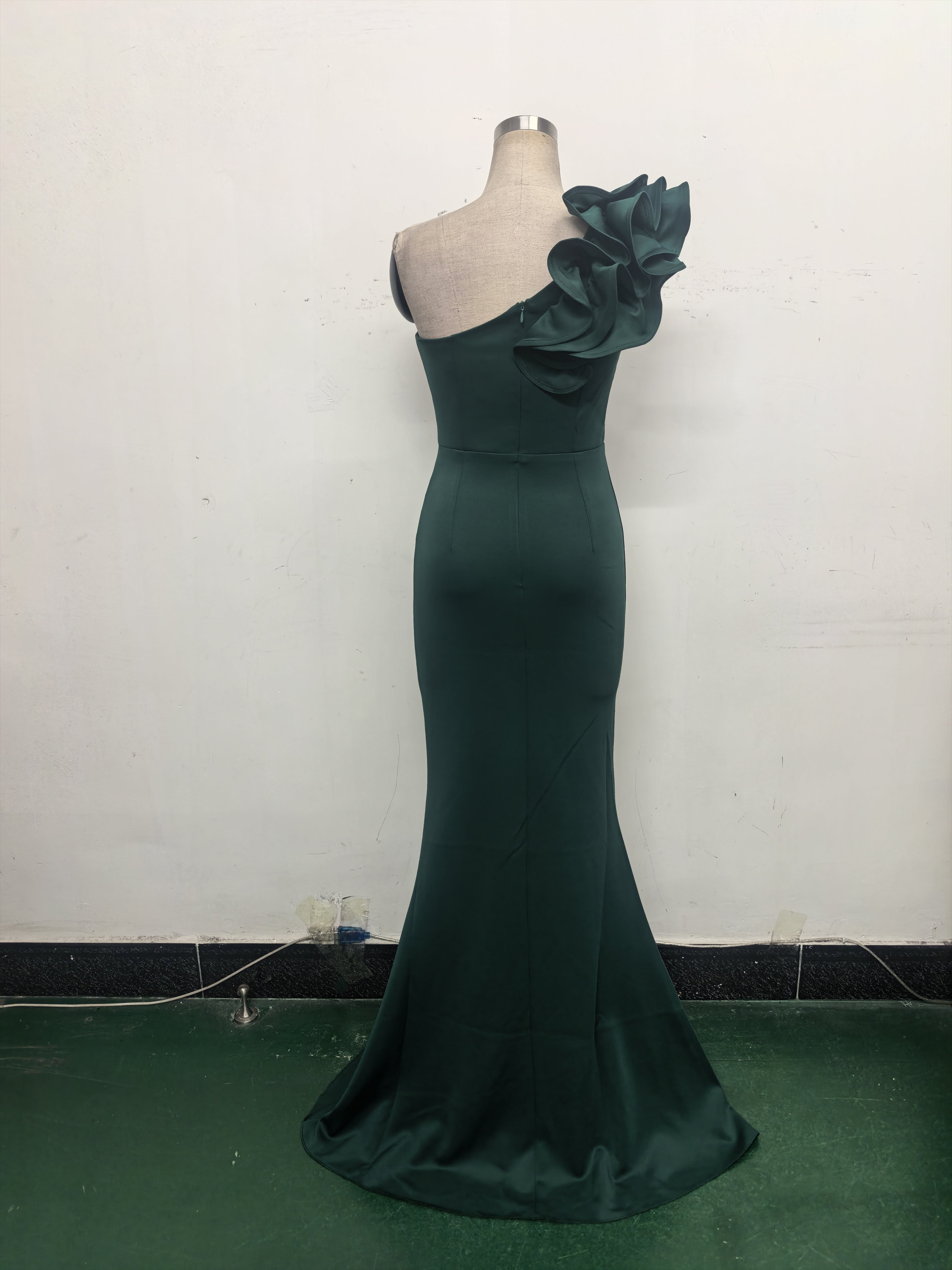 Women One-Shoulder Beaded Wool and Floral Satin Slit Sexy Evening Dress 38