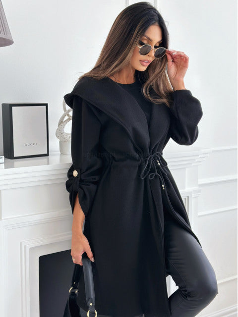 Women Turndown Collar Drawstring Solid Woolen Coat 3