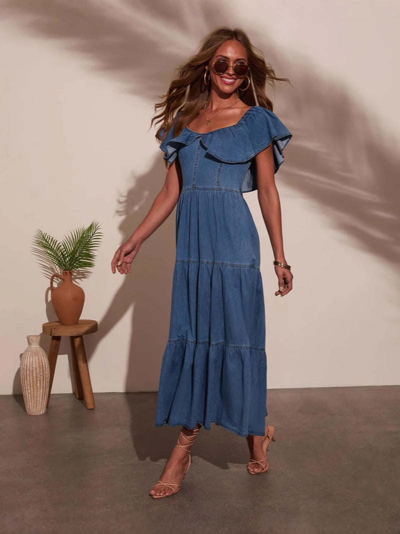 Women Round Neck Ruffle Denim Dress 4