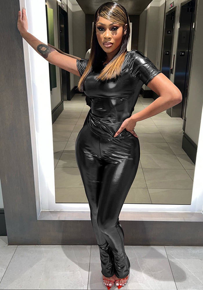 Women's Spring Summer Bright Color Slim Solid Color Short Sleeve Trousers Set