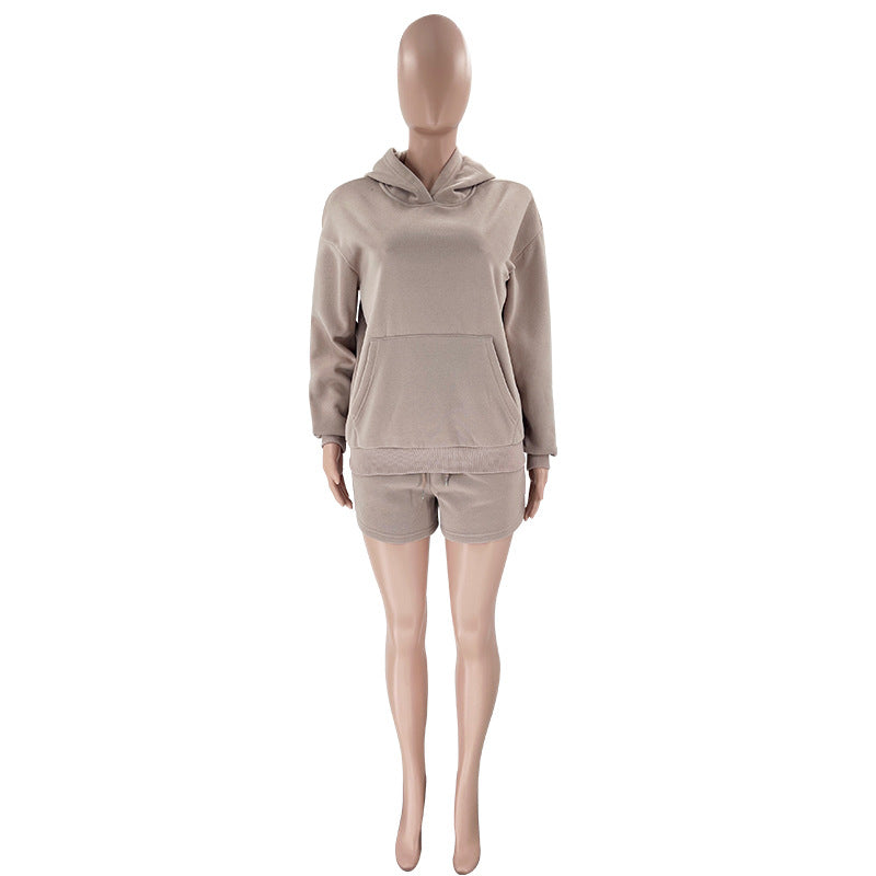 WomenSolid Long Sleeve Hoodies and Casual Shorts Two-Piece Set 25