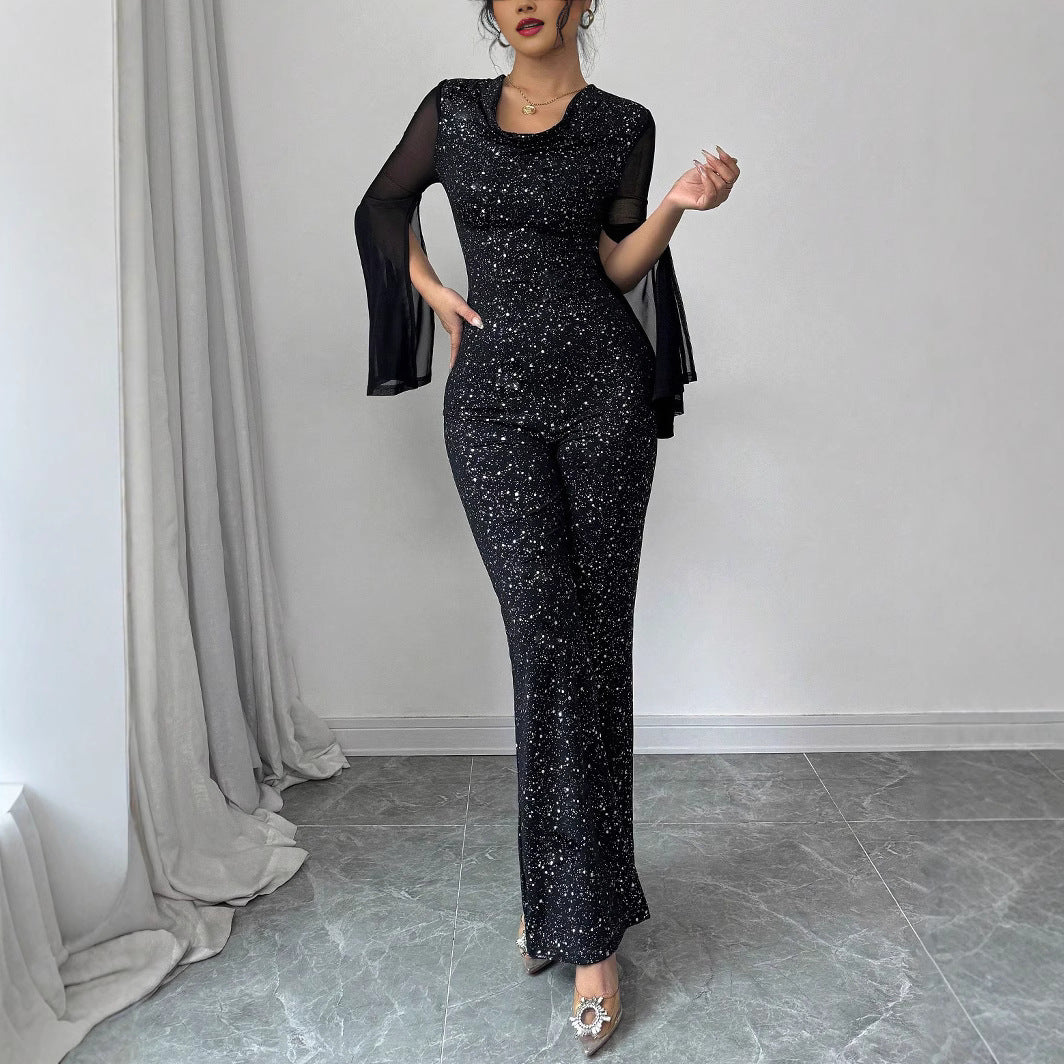 Women Elegant Slit Mesh Knitting Jumpsuit 4