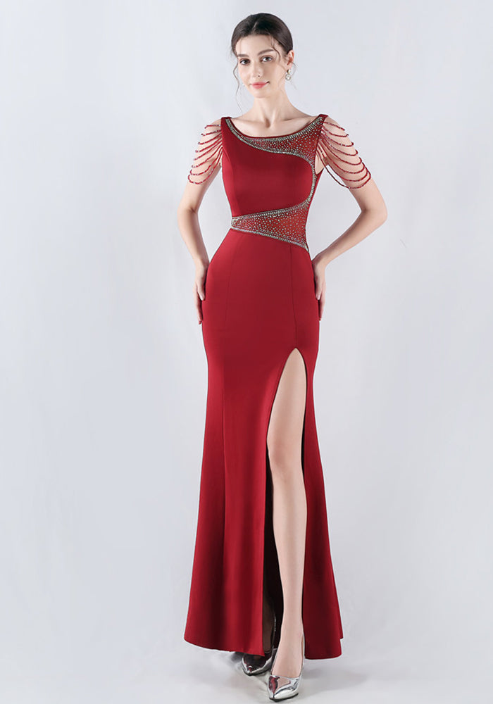 Women Beaded See-Through Mesh Split Evening Dress