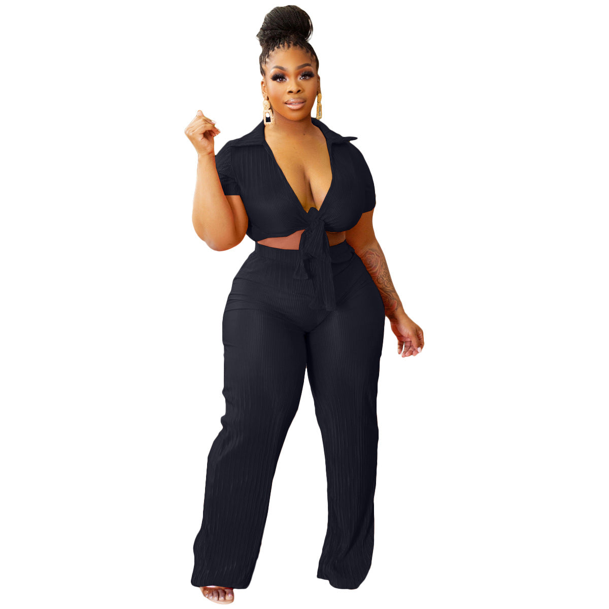 Women Lace-Up Crop Top and Pleated Wide-Leg Pants Two-Piece Set 8