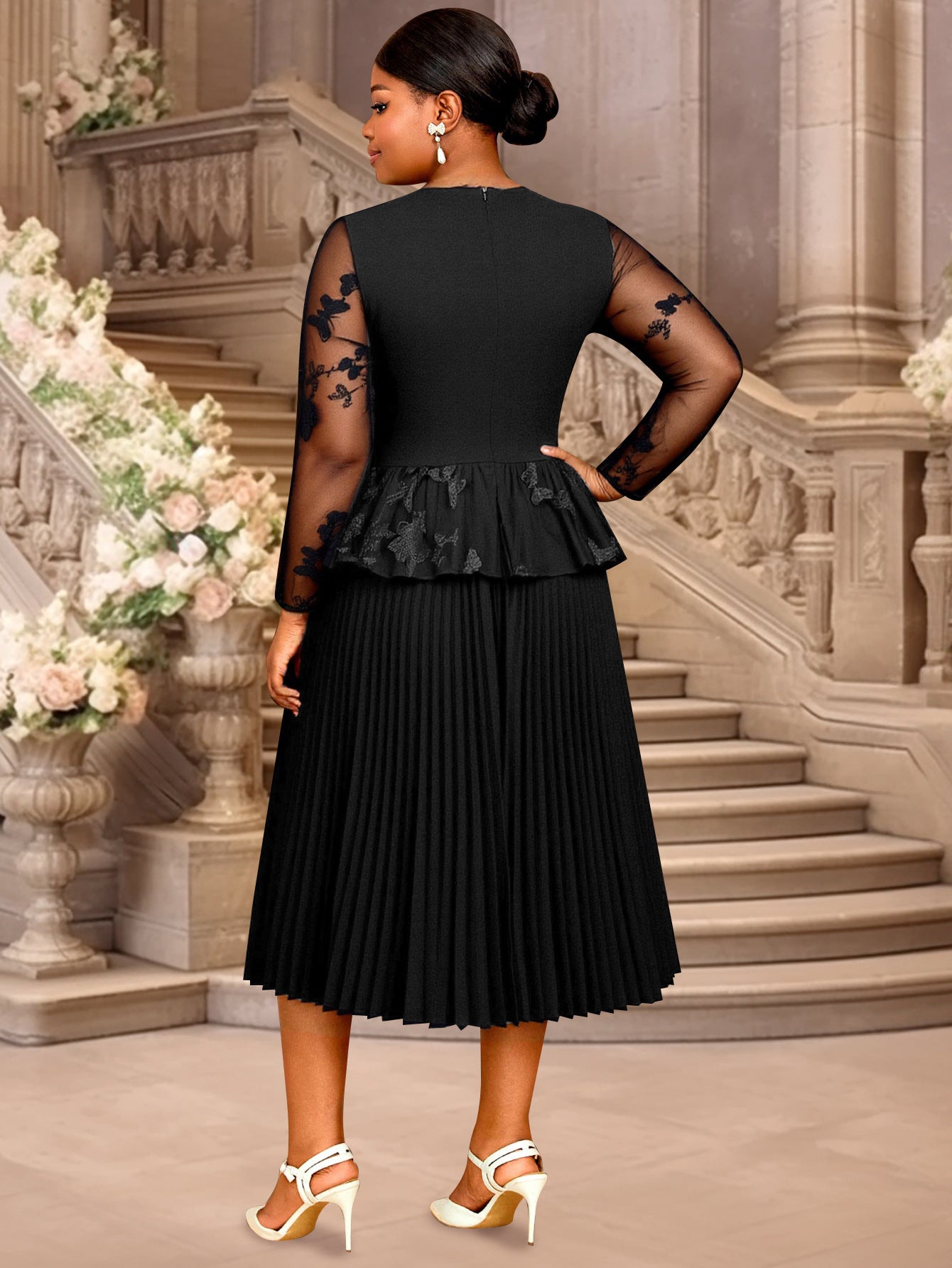 Plus-Size Women Elegant Black Patchwork Embroidered Mesh Ruffle Long-Sleeved Pleated Dress 3