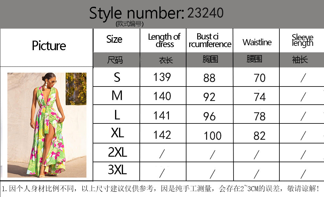 Summer Women's V-Neck Printed High Waist Belt Swing Maxi Dress 3