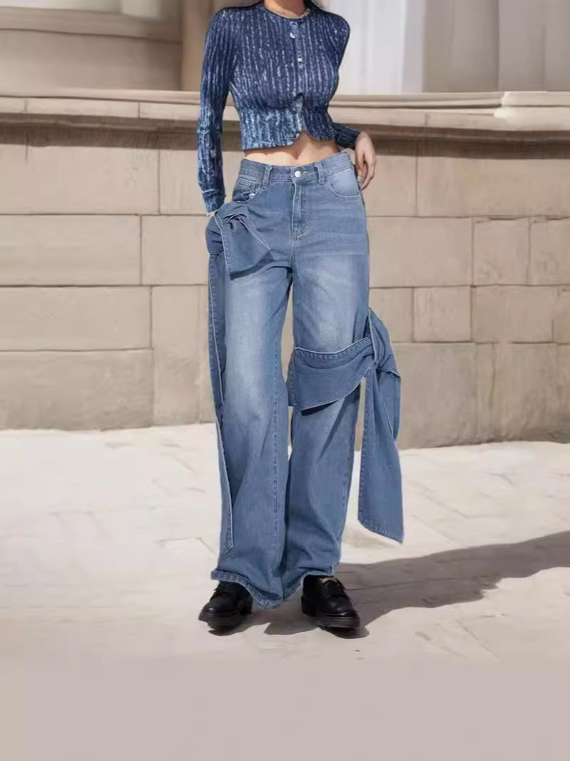 Women Spring Patchwork Bow Denim Wide Leg Pants 4