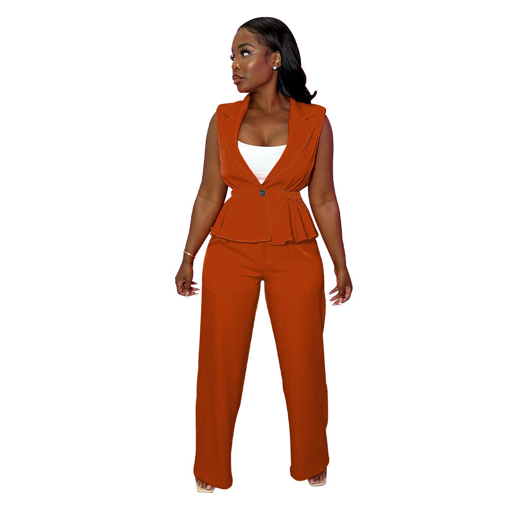 Fashion Women's Solid Color Turndown Collar Sleeveless Casual Two Piece Suit 8