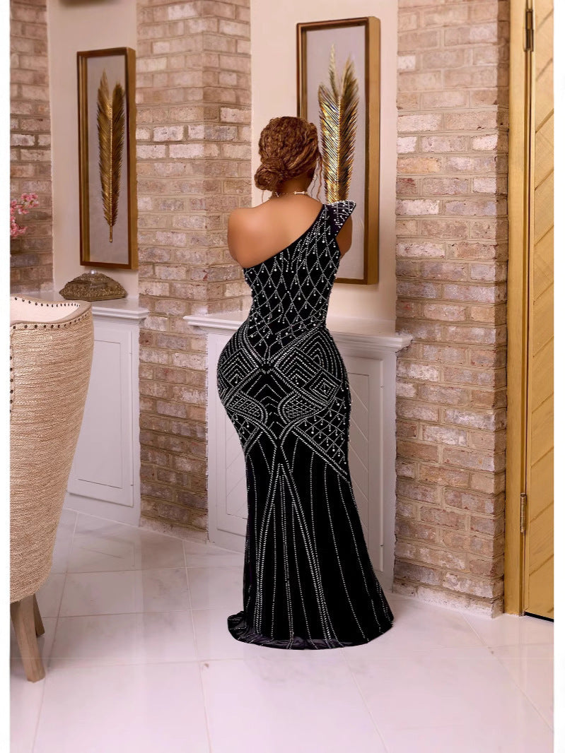 Women Soid Bodycon Slash Shoulder Sequin Dress 4