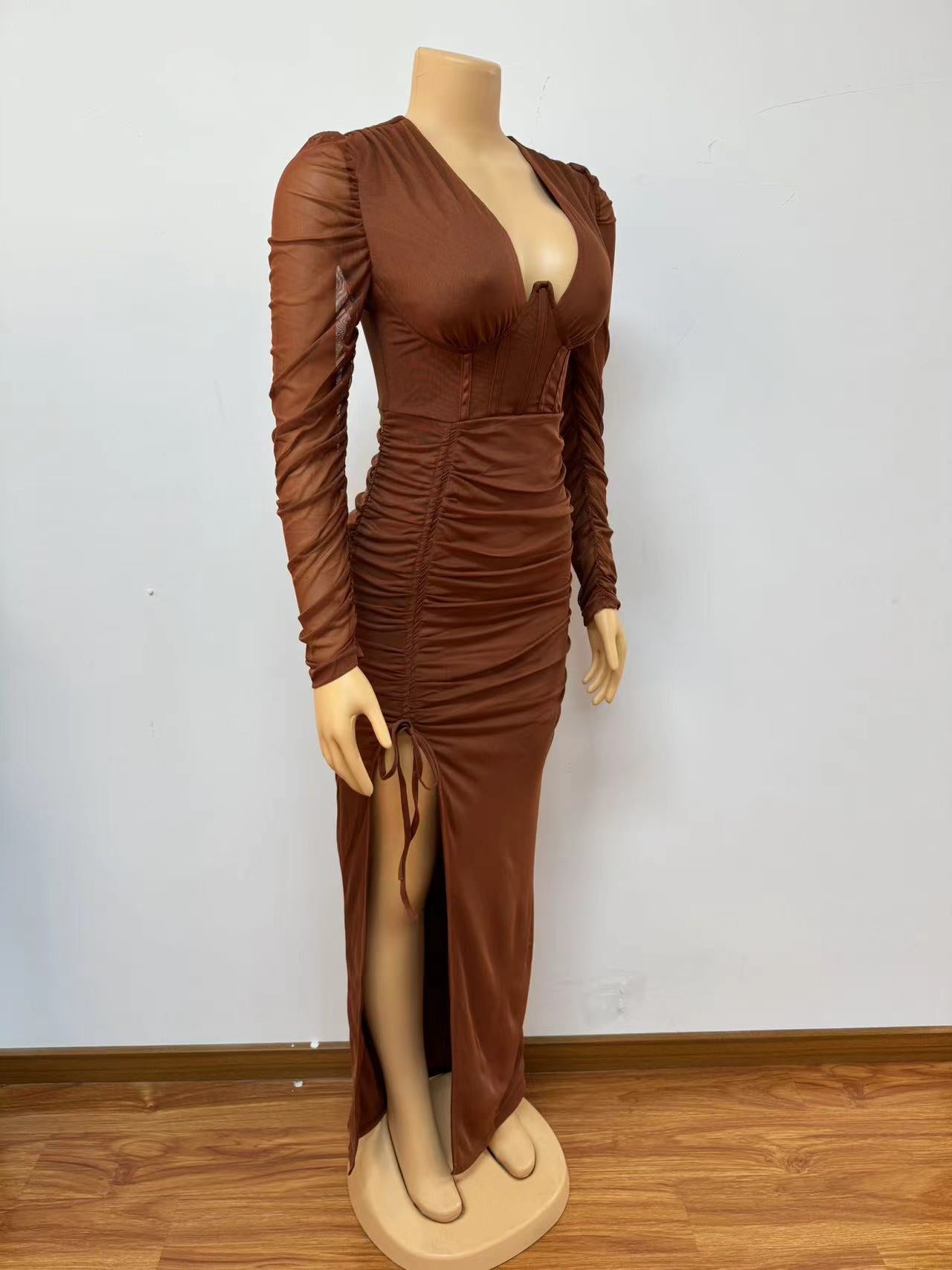Women V Neck Long Sleeve Bodycon Sexy Slit Dress 4