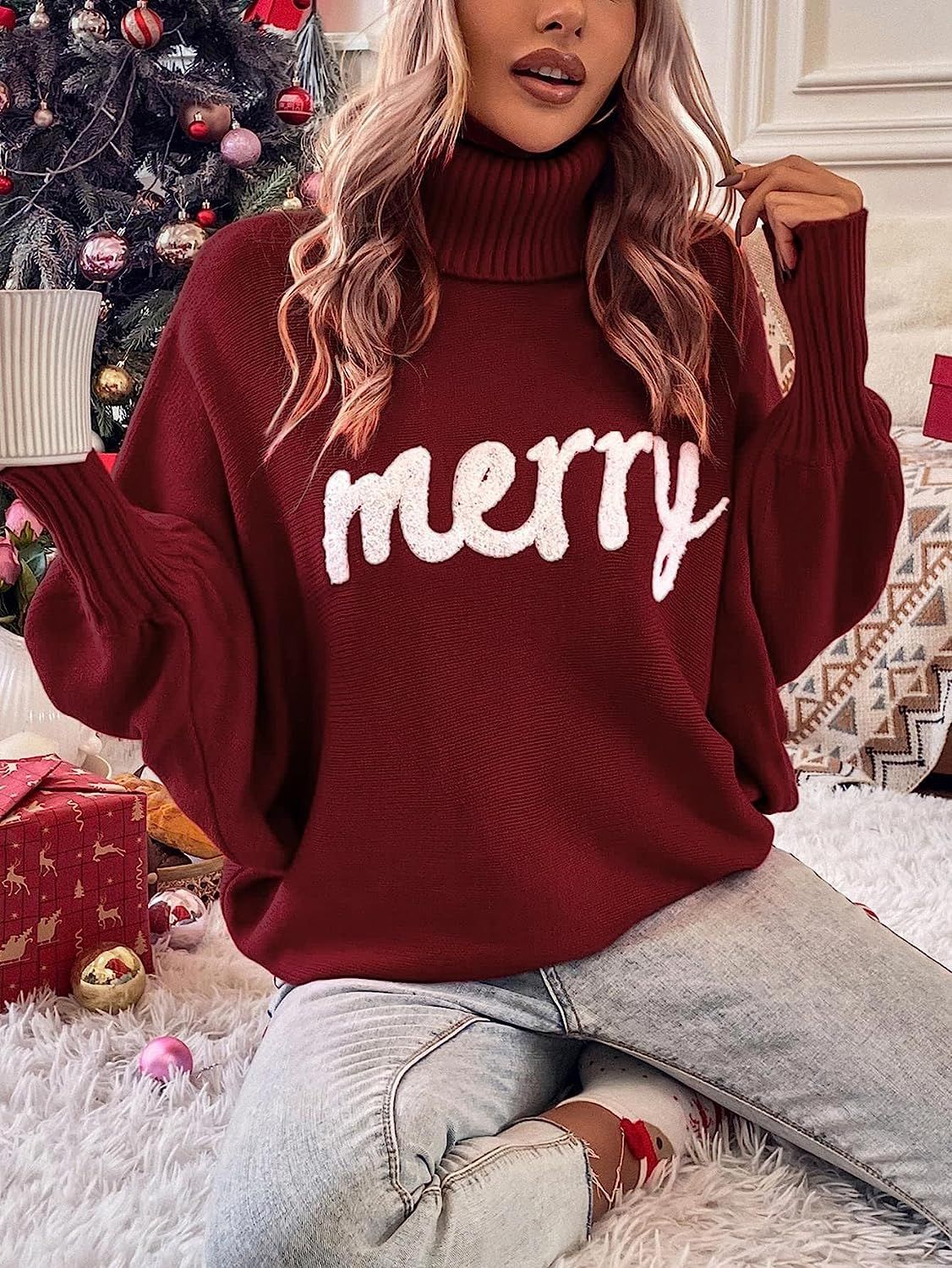Christmas Turtleneck Women's Autumn And Winter Loose Bat Sleeves Outdoor Wear Knitting Shirt Sweatwear Tops For Women 5