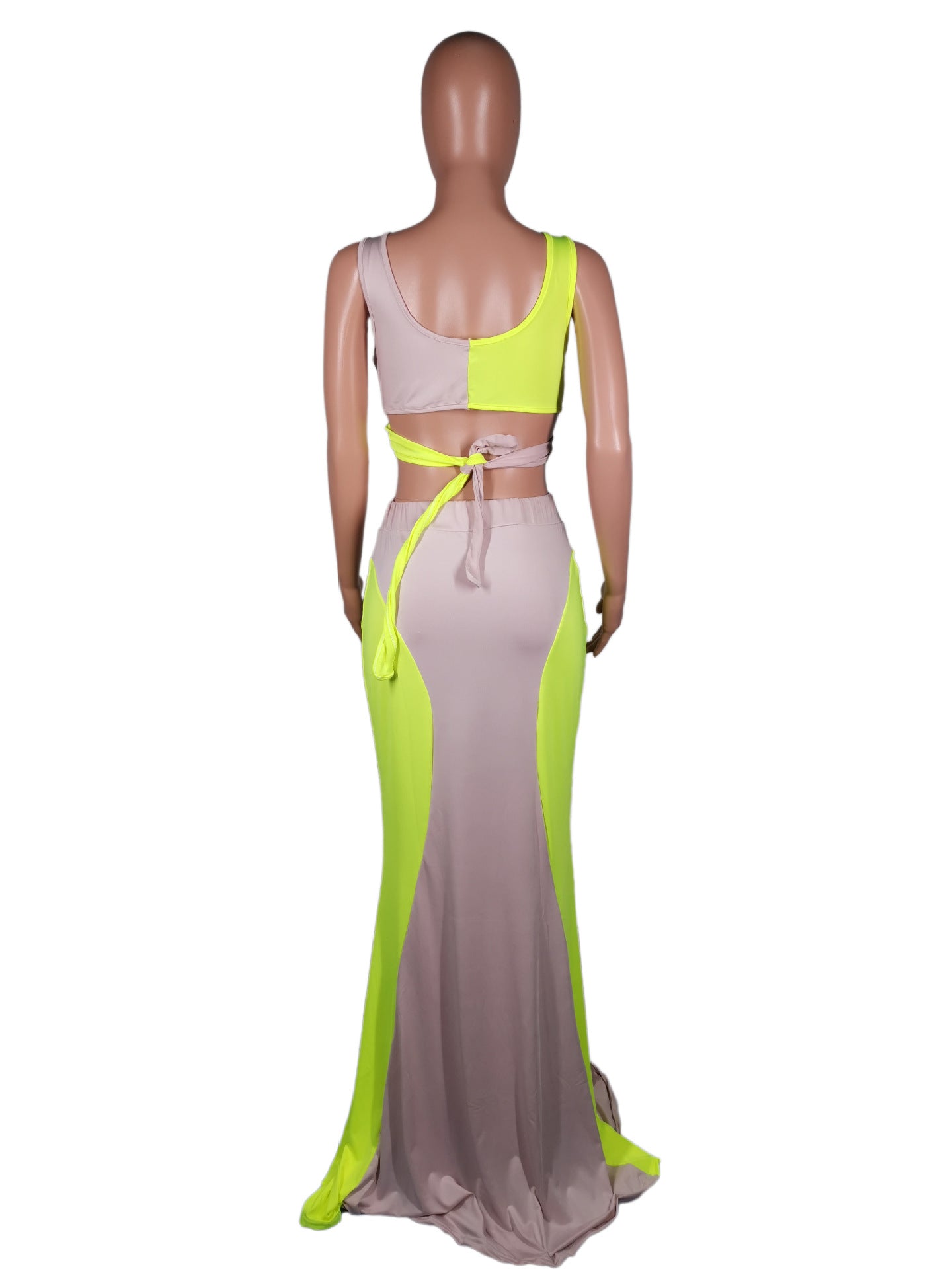 Women Sexy Contrast Color Top and Long Skirt Two-piece Set 5