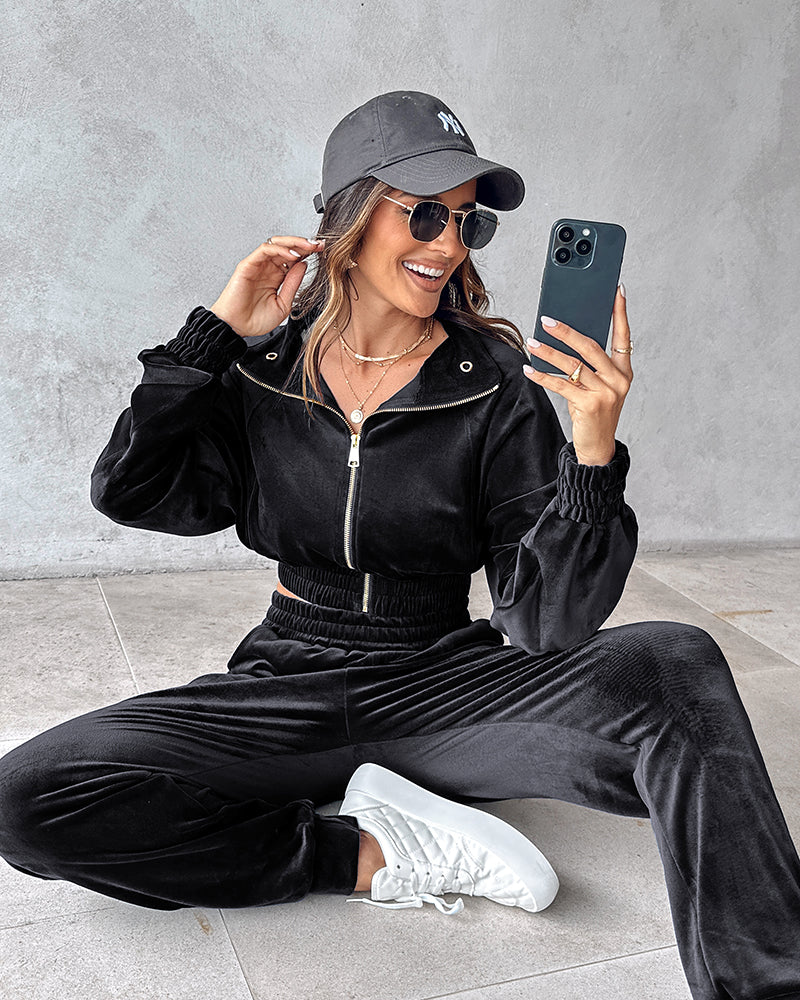 Women Turndown Collar Zipper Velvet Hoodies And Casual Sweatpants Two-Piece Set 9