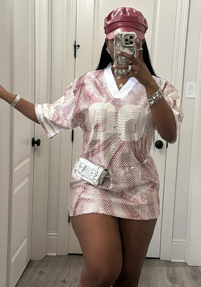 Autumn V-Neck Print Sports Jersey Loose Casual Short Dress