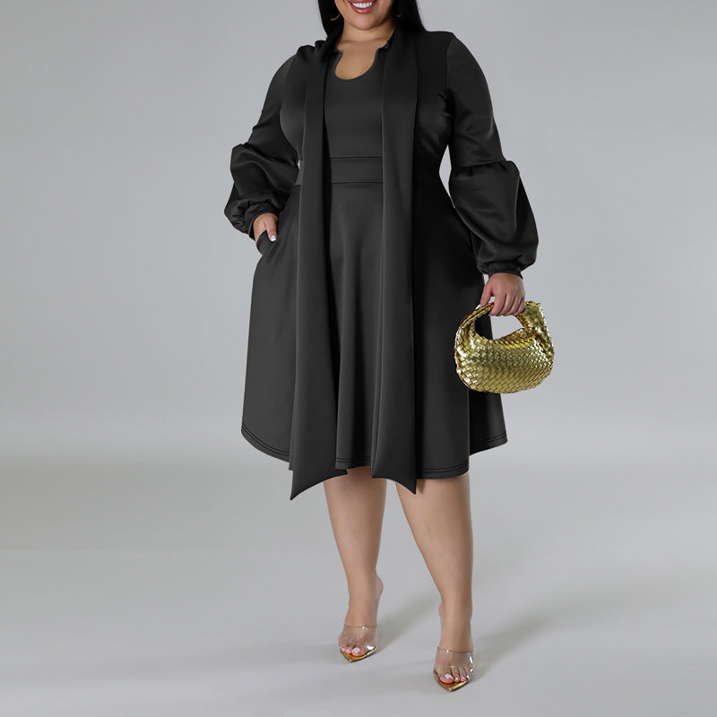 Plus Size Women's tied Neck Puff Long Sleeve A-line Dress