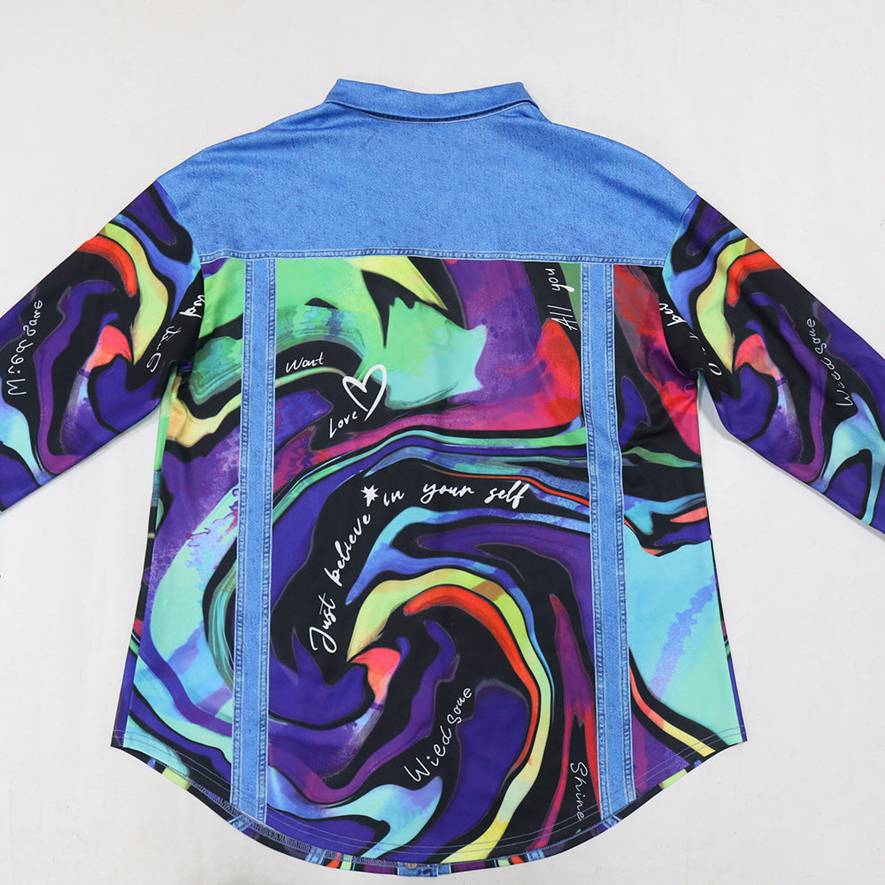 Women's Printed Turndown Collar Long Sleeve Shirt Top Sexy Slim Bodycon Short Skirt Two-Piece Set 10