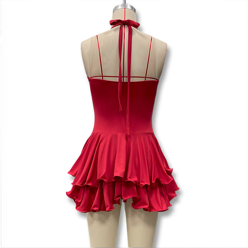 Summer Halter Neck Single-Button Ruffled Mini Dress 18