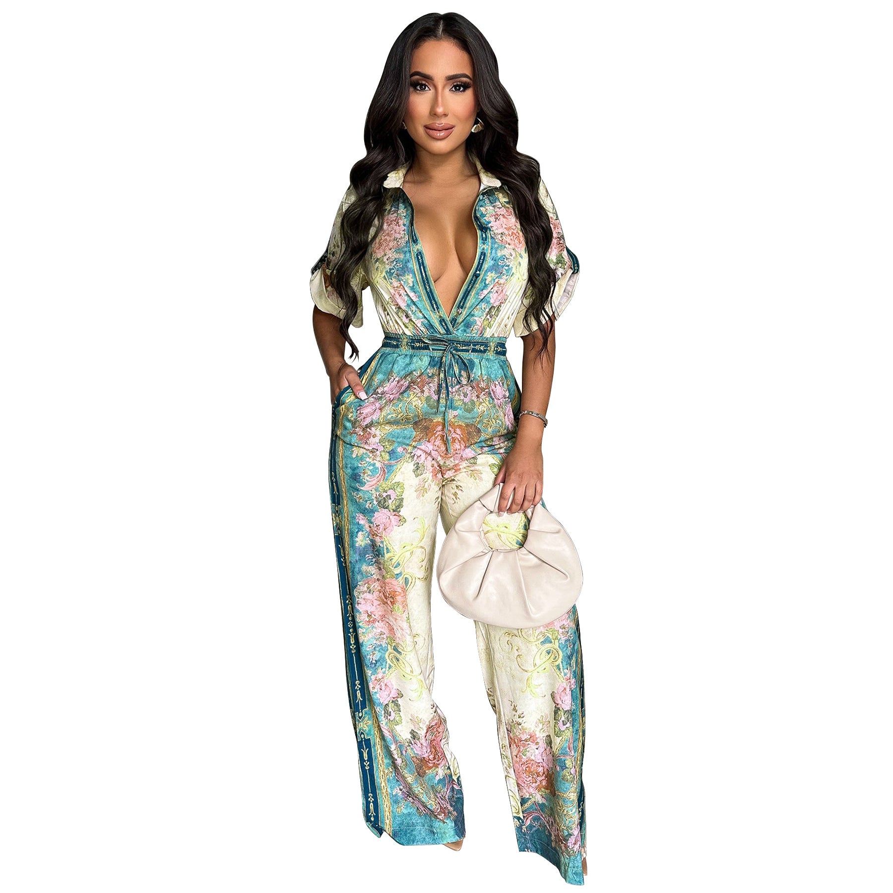 Women's Sexy V-Neck Retro Print Short Sleeve Jumpsuit 9