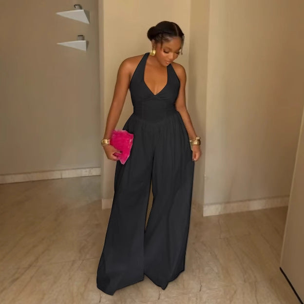 Elegant Halter Neck V-Neck Low-Back Solid Color Wide-Leg Jumpsuit 4