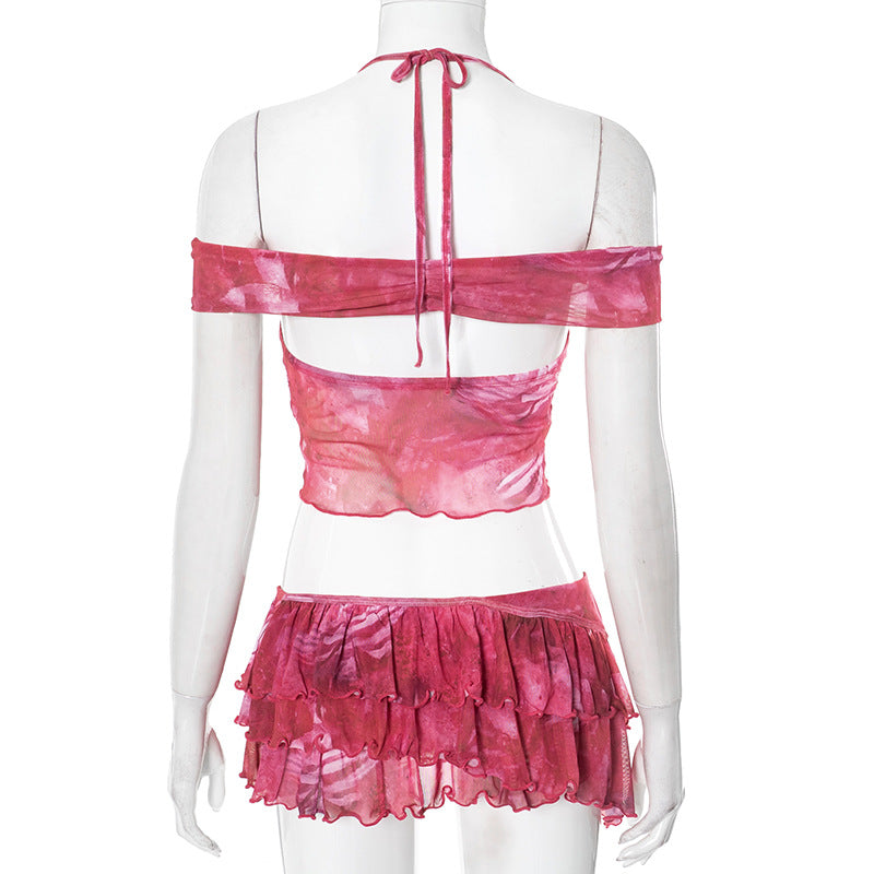 Women beach Holidays print suspenders Halter Neck Top Ruffle Edge Skirt two-piece set 9