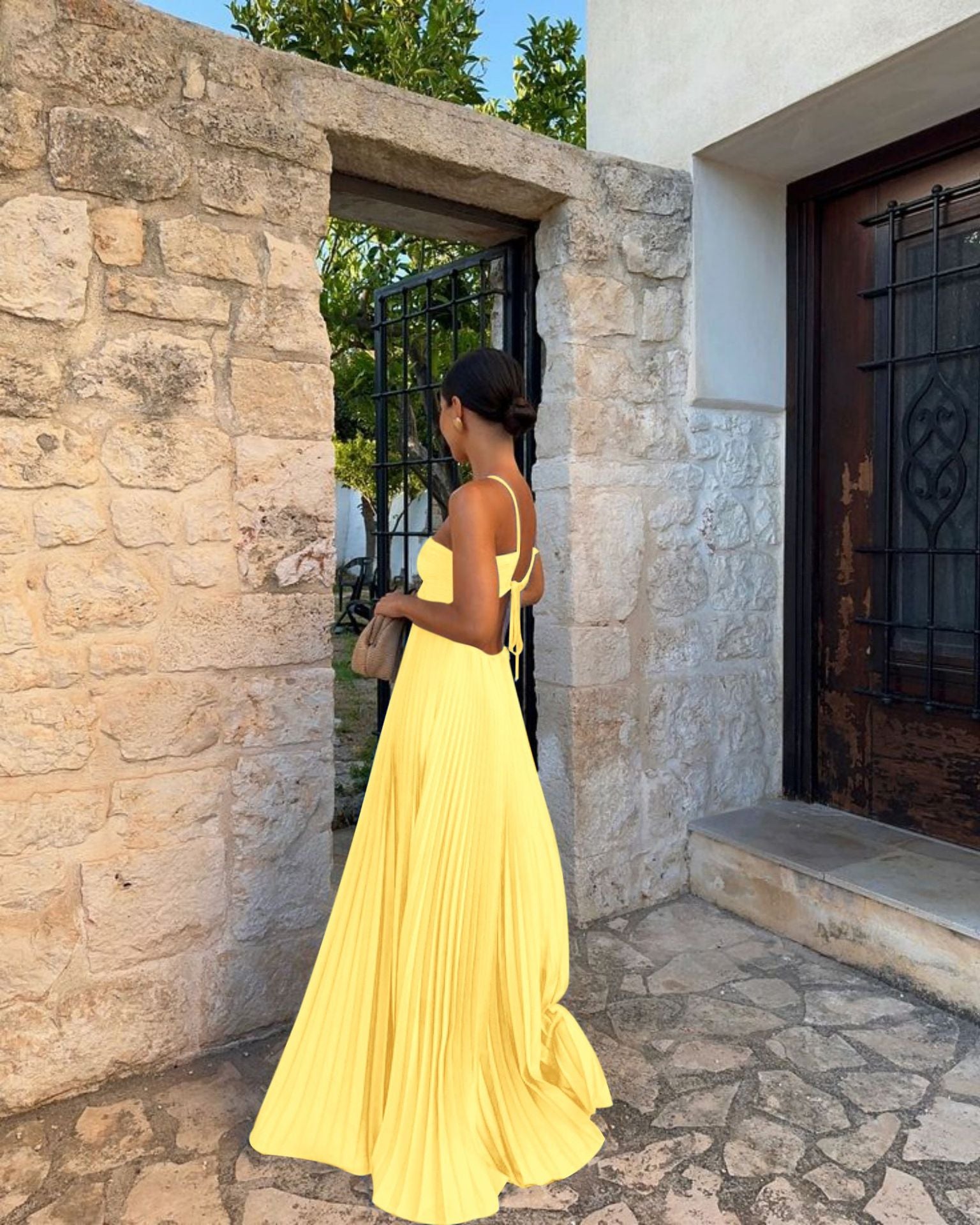 Women Summer Solid Strapless Pleated Sleeveless Strap Dress 11