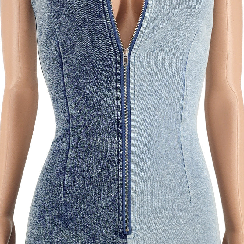 Plus Size Women's Fall Color Block Wash Sexy Denim Jumpsuit 7