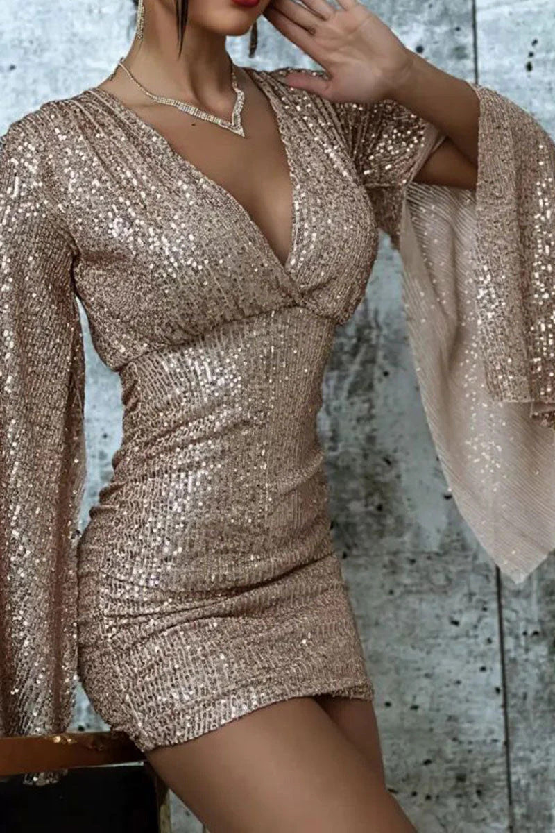 Spring Sexy V-Neck Sequined Cape Sleeve Short Bodycon Dress 12