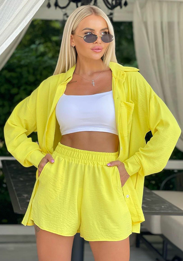 Spring and Spring Women's Solid Color Long-Sleeved Shirt Elastic Waist Loose Shorts Casual Two-Piece Set